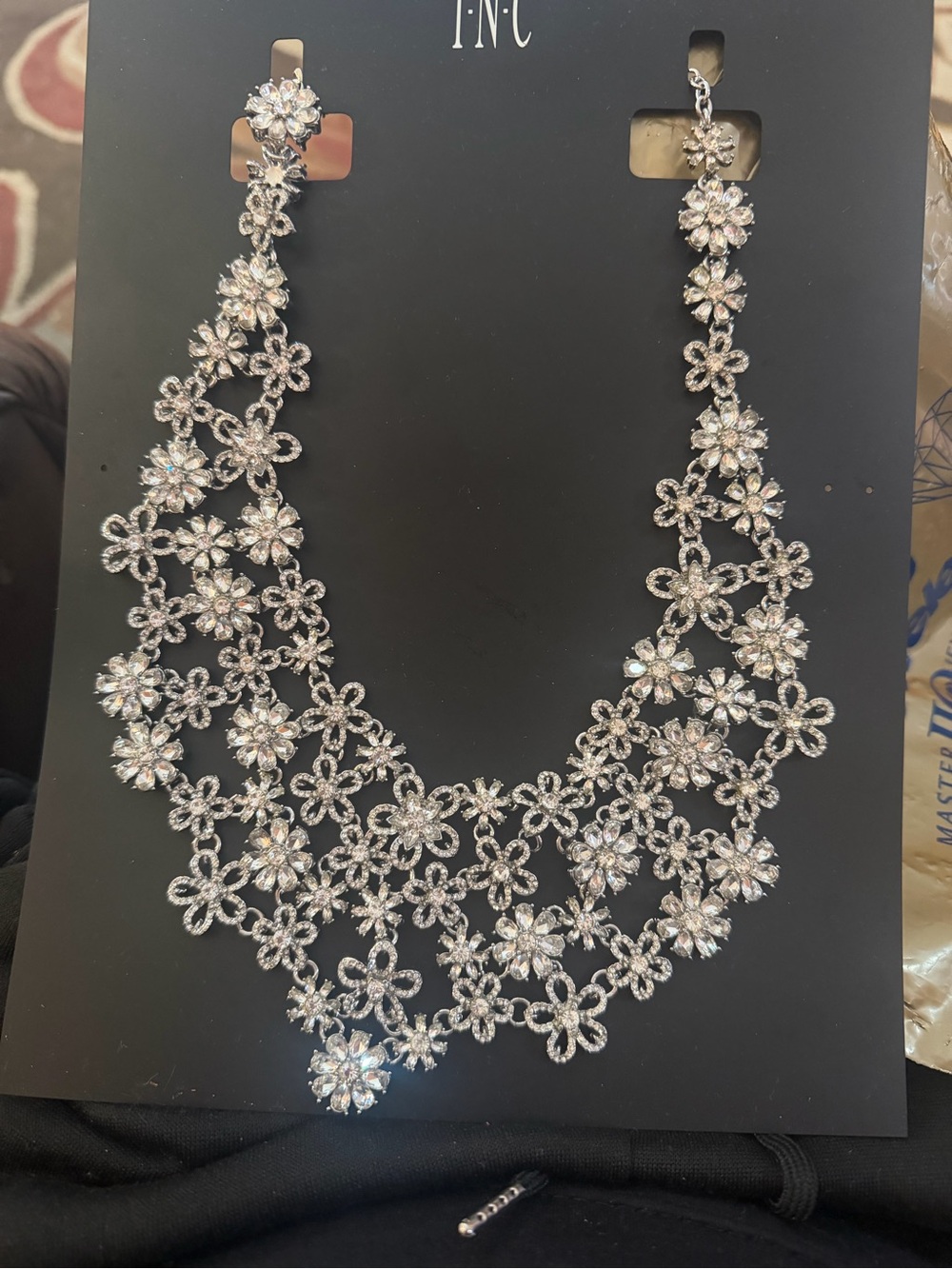 INC International Concepts Silver Floral Crystal Bib Necklace